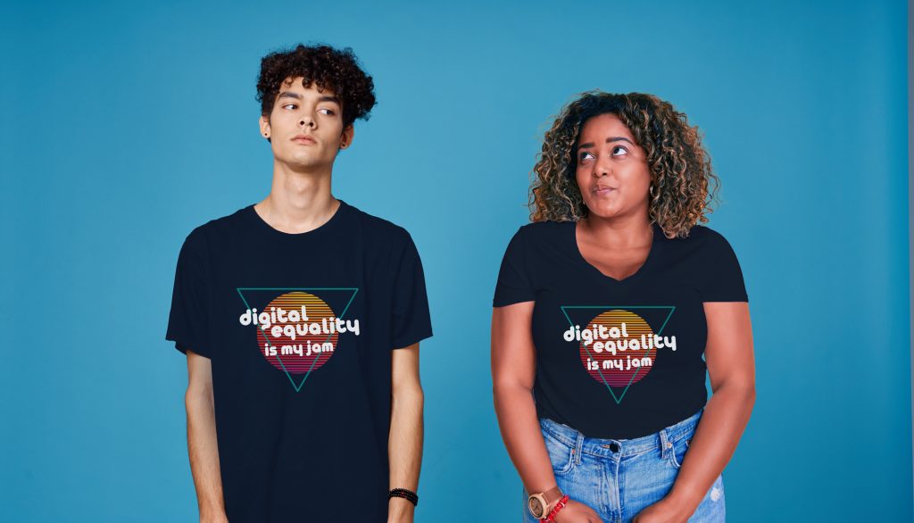 two models wearing digital equality is my jam t-shirts