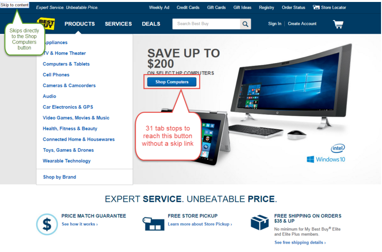 ”Best Buy home page with the skip link button visible”
