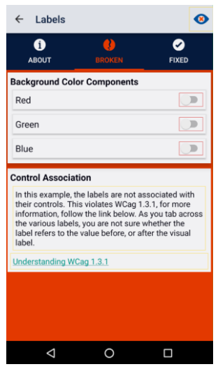 The broken tab of the Labels story of Deque University application. A demo of the labelFor attribute shows three switches next to text. The switches are highlighted in a red box.