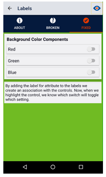 The fixed tab of the Labels story of Deque University application. A demo of the labelFor attribute shows three switches next to text. Here there are no red highlights on the switches.