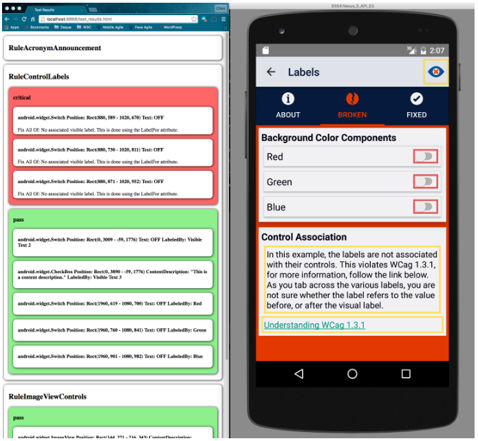 A side by side view of the Android Accessibility analysis service running on an emulator, showing errors and warnings highlighting various elements on one side, and detailed descriptions of these errors in a browser window on the other.