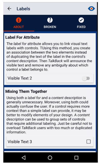 The about tab of the Labels story of Deque University application. Description of the labelFor attribute and how to use it with content descriptions.