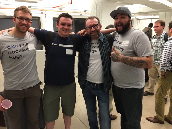 Deque's Matt Isner, Harris Schneidman, Ian Kelly and developer Chris DeMars hanging out on Global Accessibility Awareness Day - Refresh Detroit.
