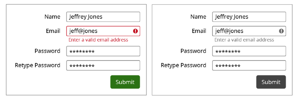 The same form example now has a descriptive error message under the form field with the error and a red exclamation point icon within the field itself.