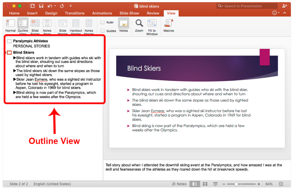 image of the outline view in an MS PowerPoint slideshow, with the outline highlighted