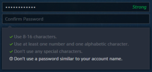 A screengrab of the World of Warcraft password creation form.