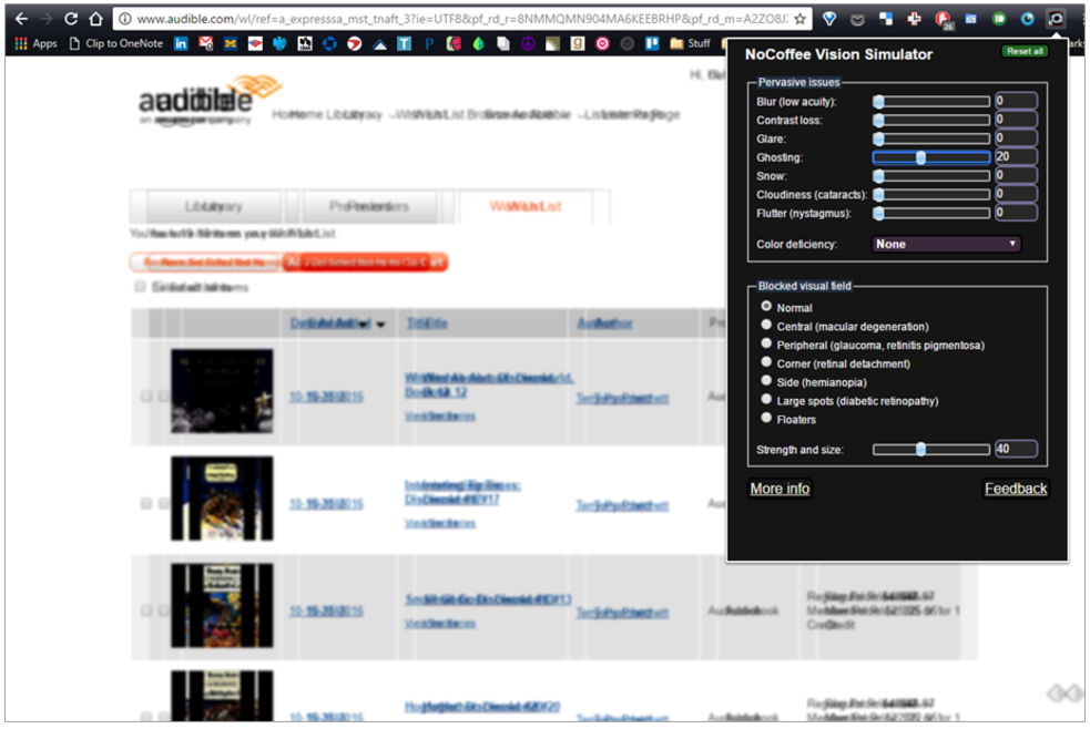 A screenshot of NoCoffee simulating the effects of vision ghosting on Audible.com