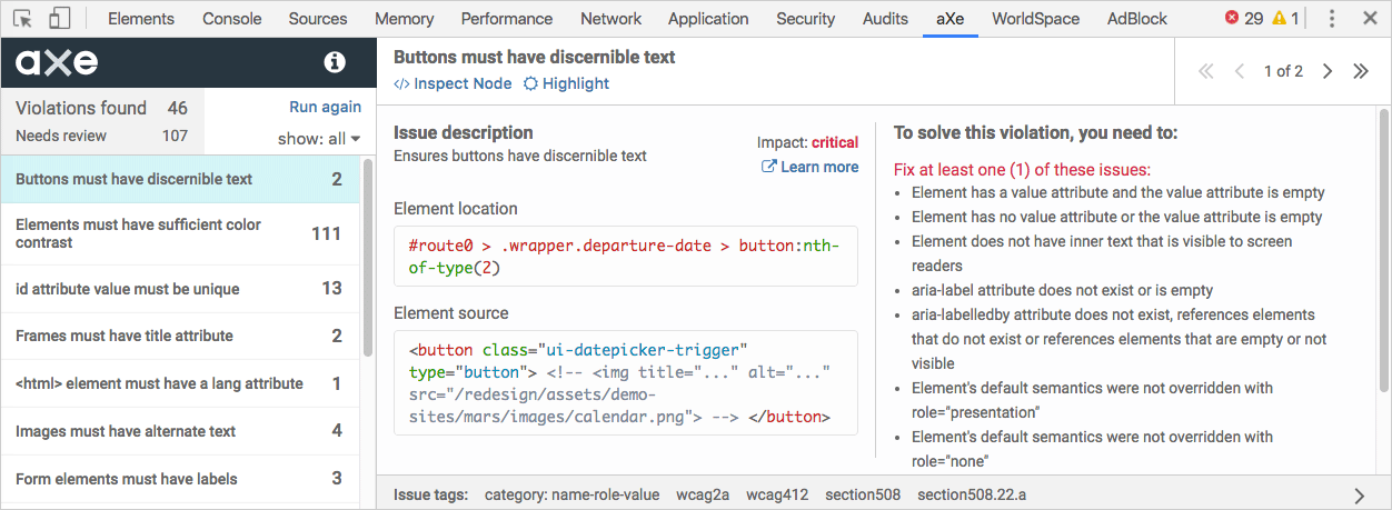 aXe Extension with analysis open on "Buttons must have discernible text"