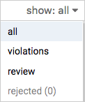 Sticky filter dropdown in aXe extension with "all", "violations" and "review", with "rejected (0)" grayed out and "all" selected