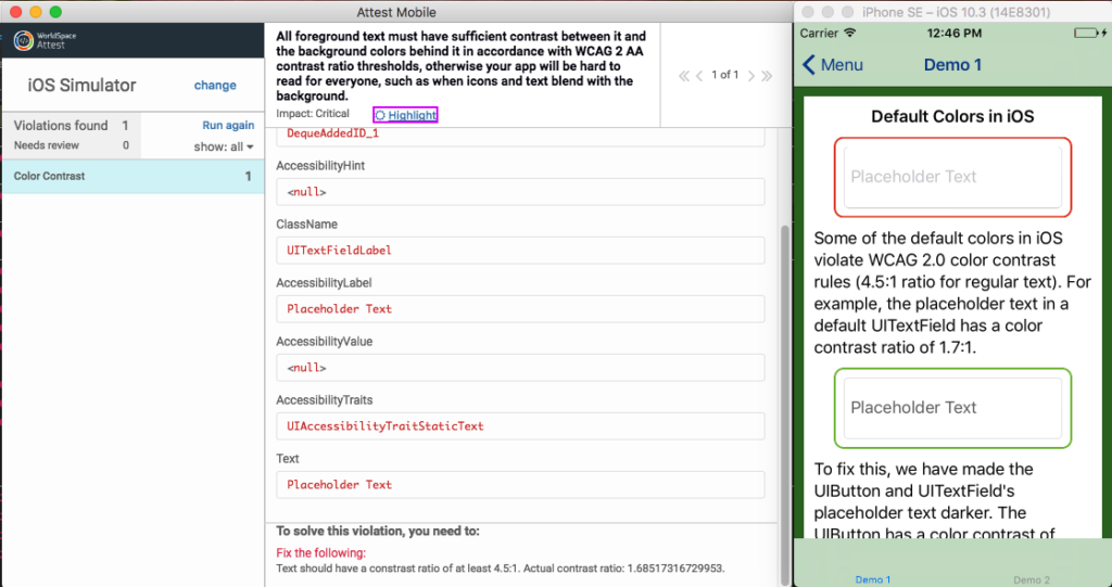 Attest Mobile Desktop Client next to a failing color contrast view, without highlight.