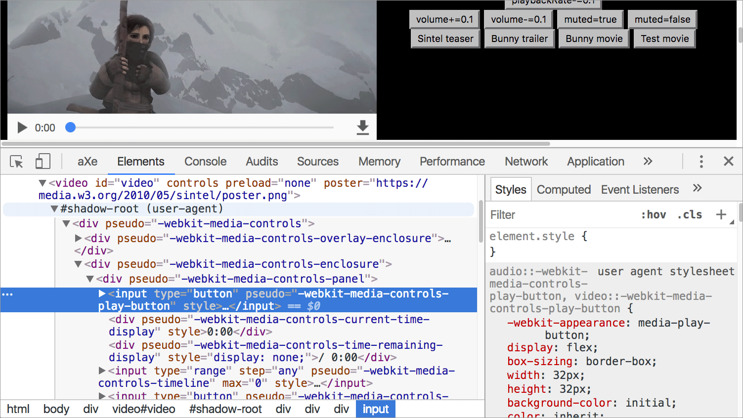 Inspecting the shadow root of an HTML5 video element in Chrome developer tools