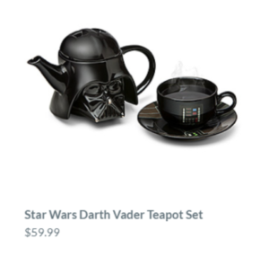 “Star Wars Darth Vader Teapot Set” and the price ($59.99) show in text underneath the image of a teapot, cup and saucer that are all Darth Vader-themed."
