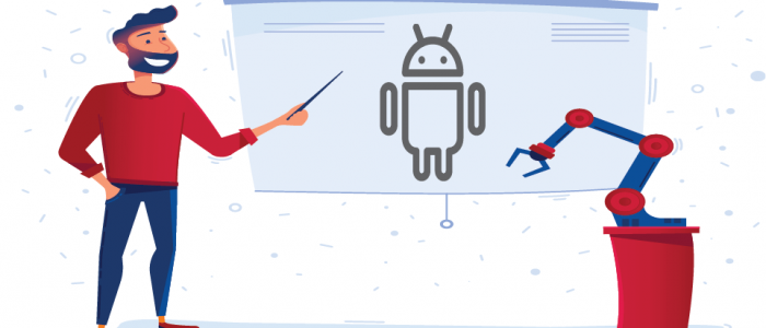 Illustration of man pointing to an android logo with an automated robot arm