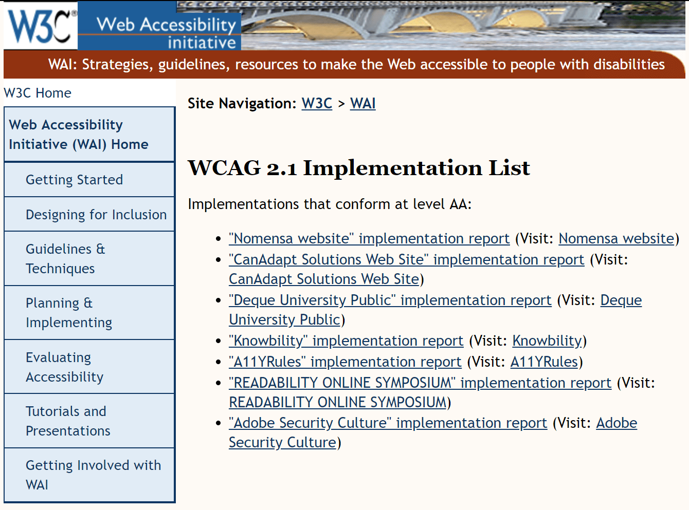 List of a few websites used in testing WCAG 2.1 implementations, including Deque University.