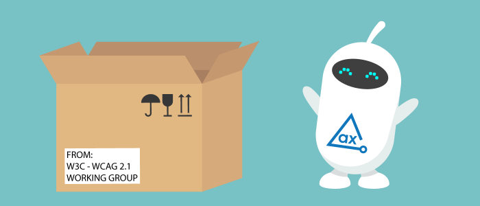 Illustration of robot with axe logo on chest receiving a WCAG labelled package
