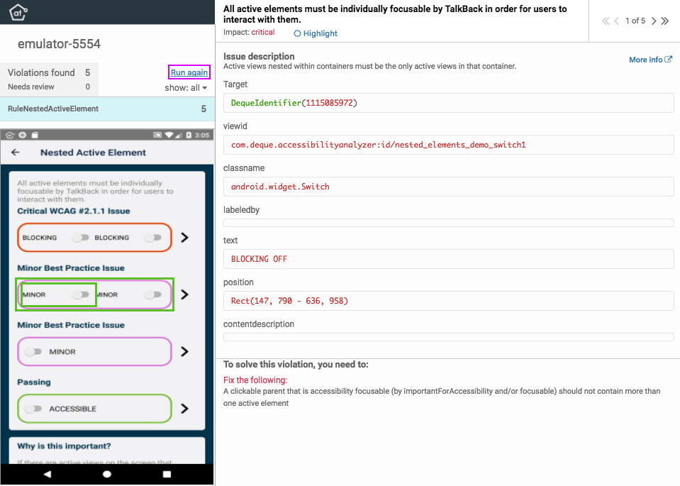 Screenshot of talkback issues highlighted in Attest Android