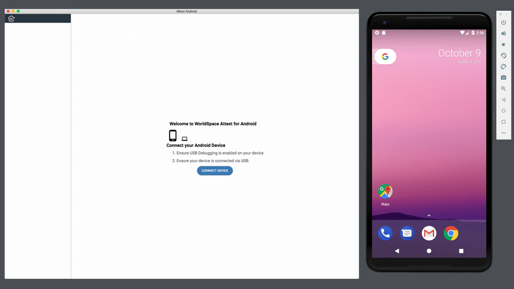 Screenshot of Attest Android Desktop app ready to "connect device" to an emulator