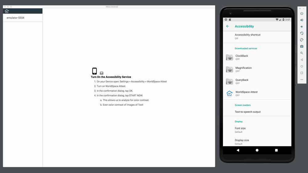 Screenshot of Attest Android app and emulator with Attest settings turned on