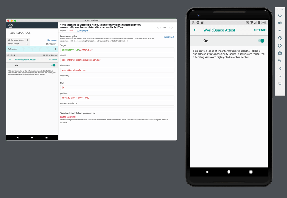 Screenshot of Attest Android app returning results alongside the emulator