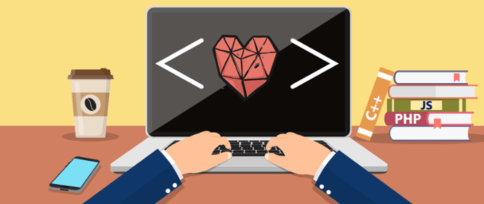 Illustration of developer coding, in code tags there is a heart