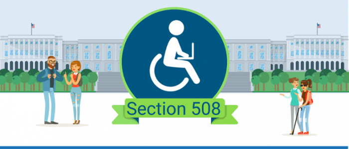 Illustration of people with disabilities in front of washington landscape, in the center there is symbol of a person in a wheelchair with a laptop