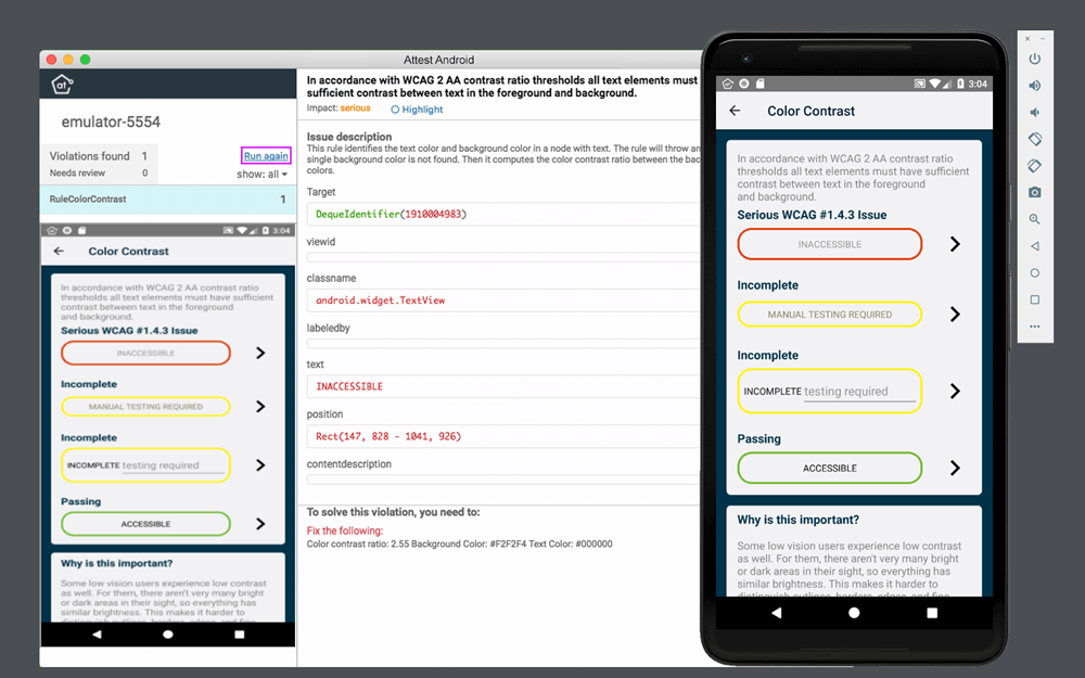 Screenshot of the Attest Android desktop application and mobile app emulator, drawing focus to accessibility issues