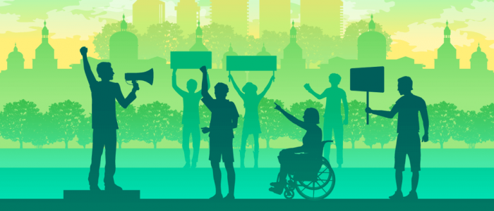 Illustration of protestors, including those with disabilities, as a silhouette background
