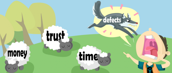 Illustration of sheep labelled trust, time, money with a wolf that says defects