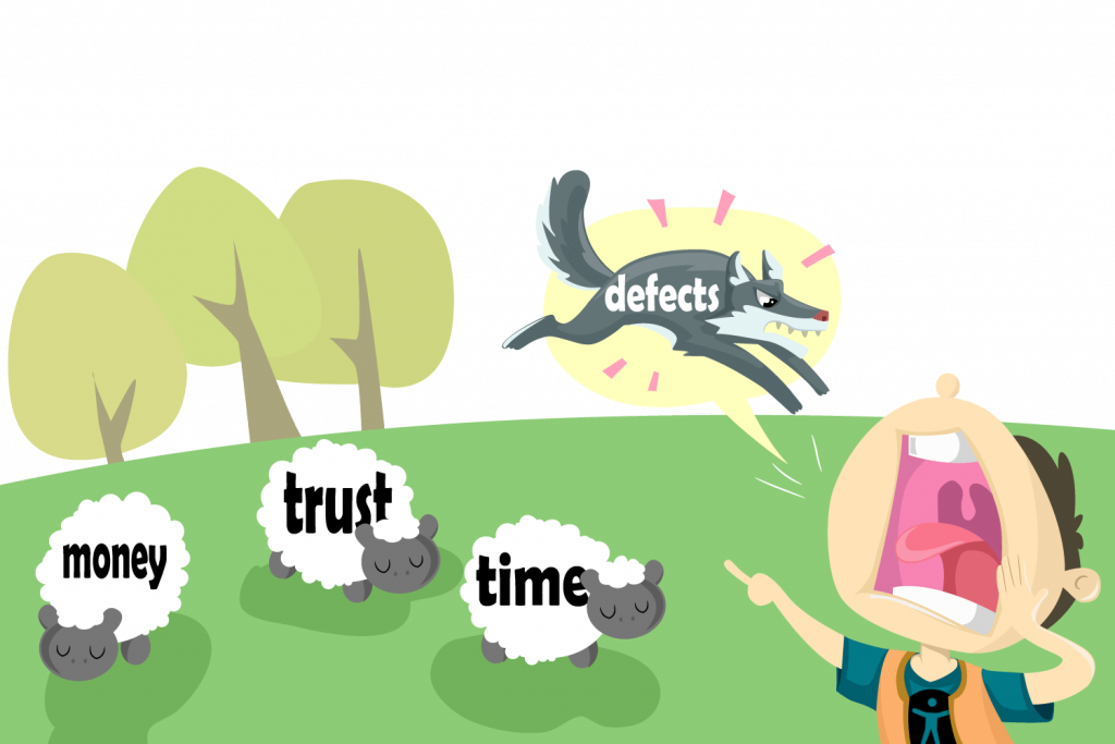 Illustration of a shepherd pointing out a wolf labelled as "defects" nearby sheep labelled "money, trust, time."