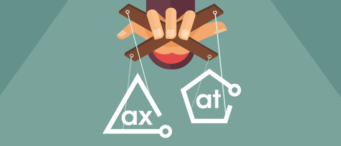Illustration of puppet strings attached to the axe and Attest tools logos