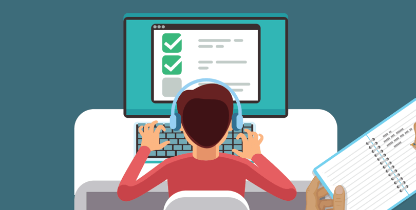 Illustration of a person with a disability participating in a usability test while a ux research is observing and taking notes.