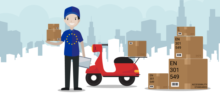 Illustration of a delivery person from Europe delivering boxes to the US, labelled EN 301 549