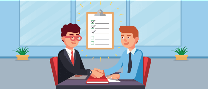Illustration of business people shaking hands with requirements on a clipboard between them