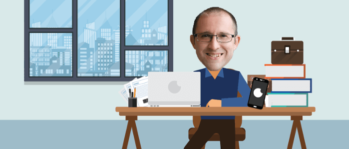 Chris McMeeking's head photoshop on illustration of person sitting at desk