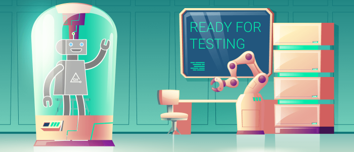 Lab image where a screen says "ready for testing" and there is a robot in a test tube labelled "axe"