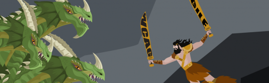 Barbarian fighting hydra dragon, swords say WCAG and Agile