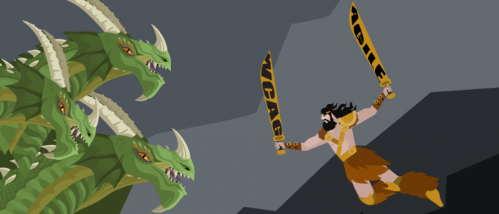 Barbarian fighting hydra dragon, swords say WCAG and Agile