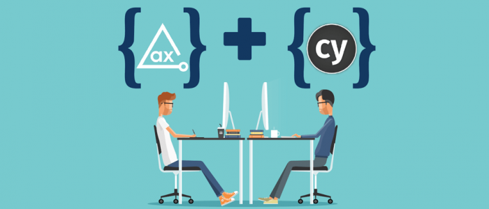 illustration of two developers with cypress and axe logos