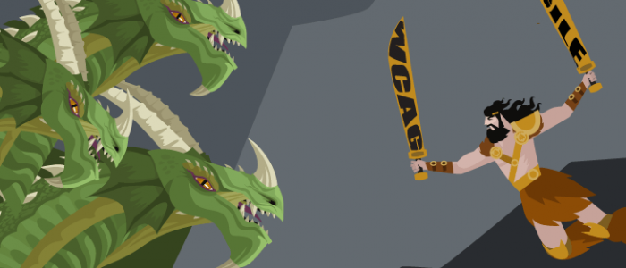 Barbarian fighting hydra dragon, swords say WCAG and Agile