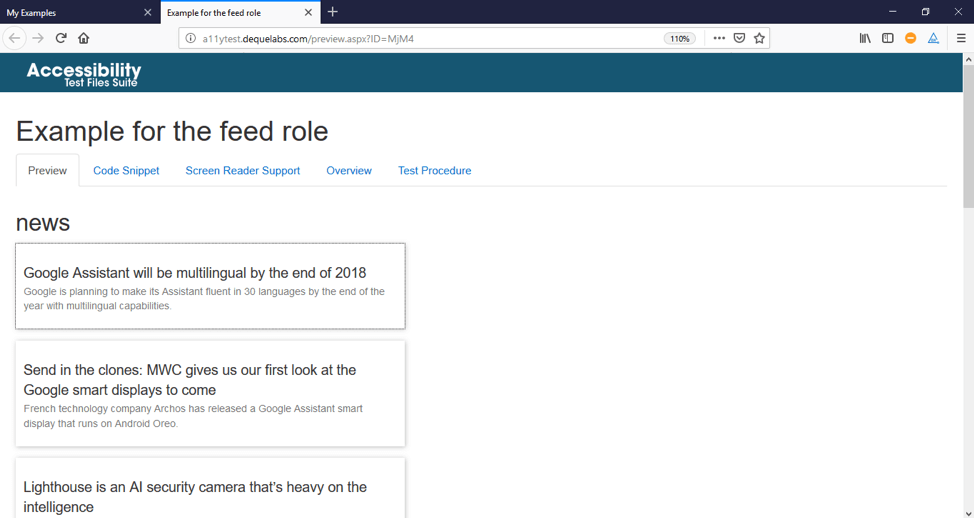 The screenshot above contains an example of a newsfeed. This newsfeed contains an ARIA feed role. 