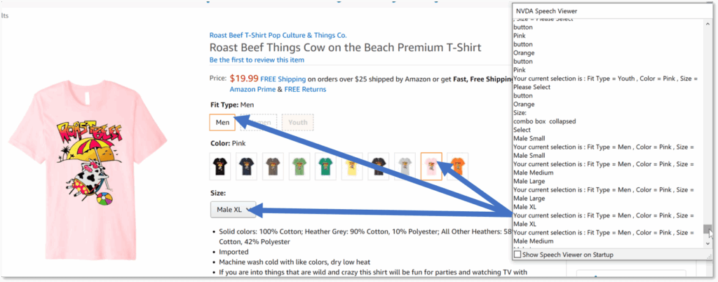 Screenshot with NVDA overlayed on purchase page indicating purchase selections