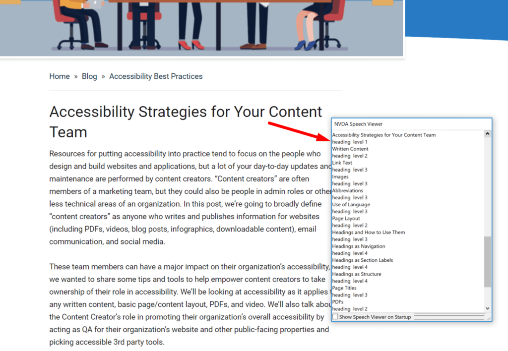 Screenshot of NVDA speech viewer reading headings of this blog post