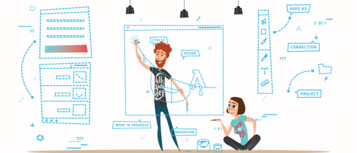 Illustration of ux designers creating a wireframe