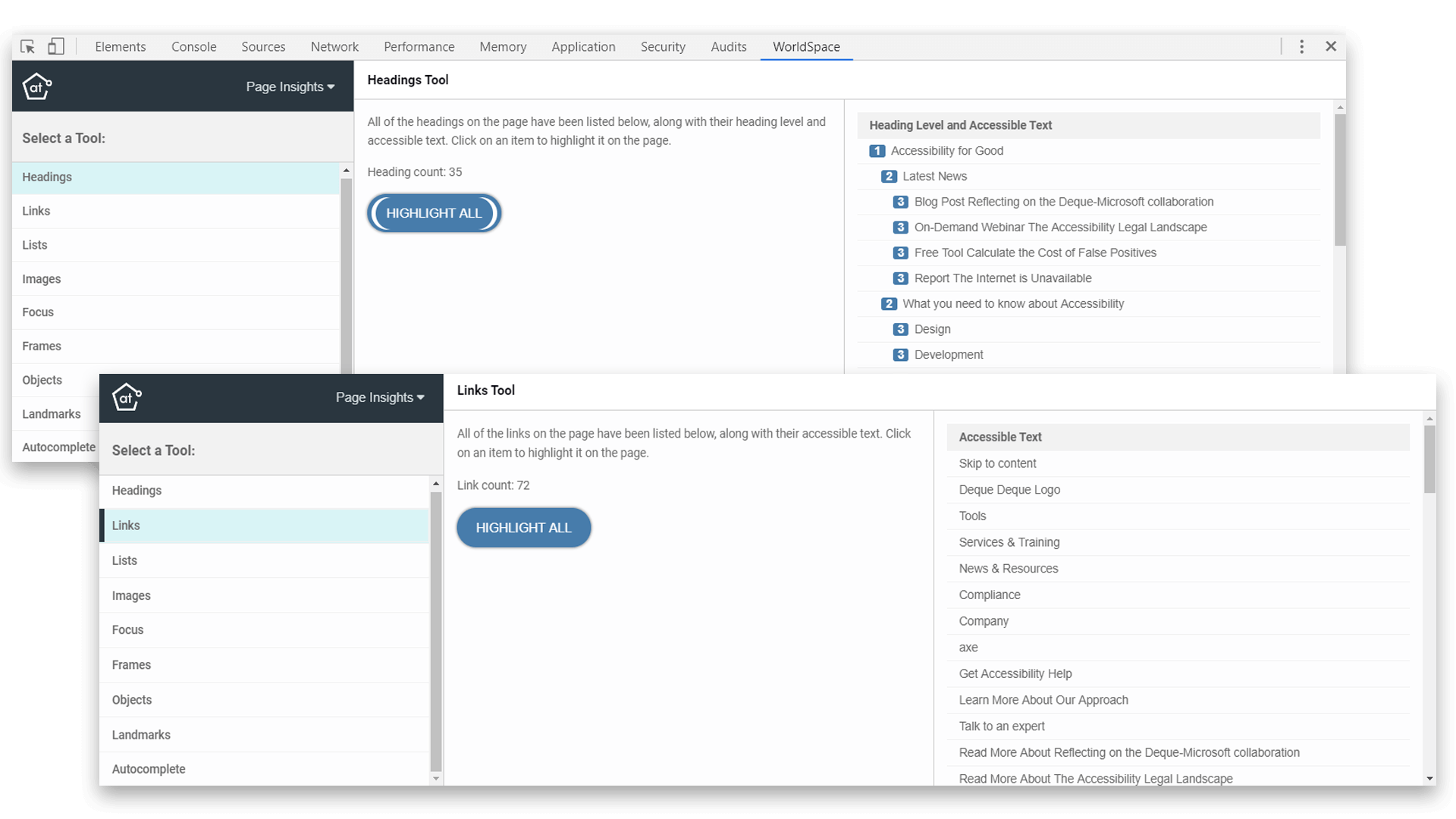 Screenshot of Attest extension feature highlighting example page Headings and Links.