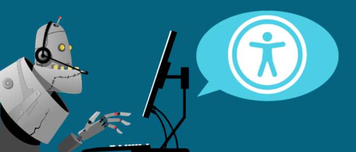 Robot on customer service call with accessibility symbol in the thought bubble