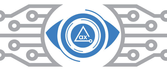 Illustration of an eye, circuits and the axe logo