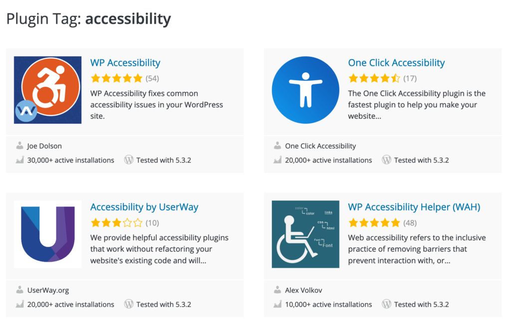 A listing of plugins on the WordPress.org repository that are tagged "accessibility"