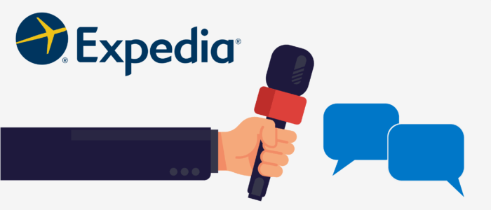 Illustration of an arm extending a microphone. Expedia's logo sits in the top left corner, with chat bubbles in the bottom right.
