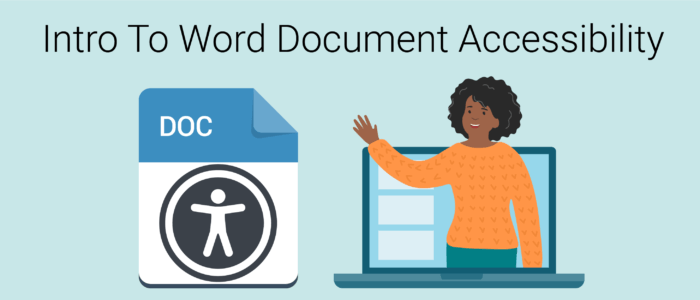 Intro to Word Document Accessibility banner with person teaching virtually about Word Document with an a11y symbol on it