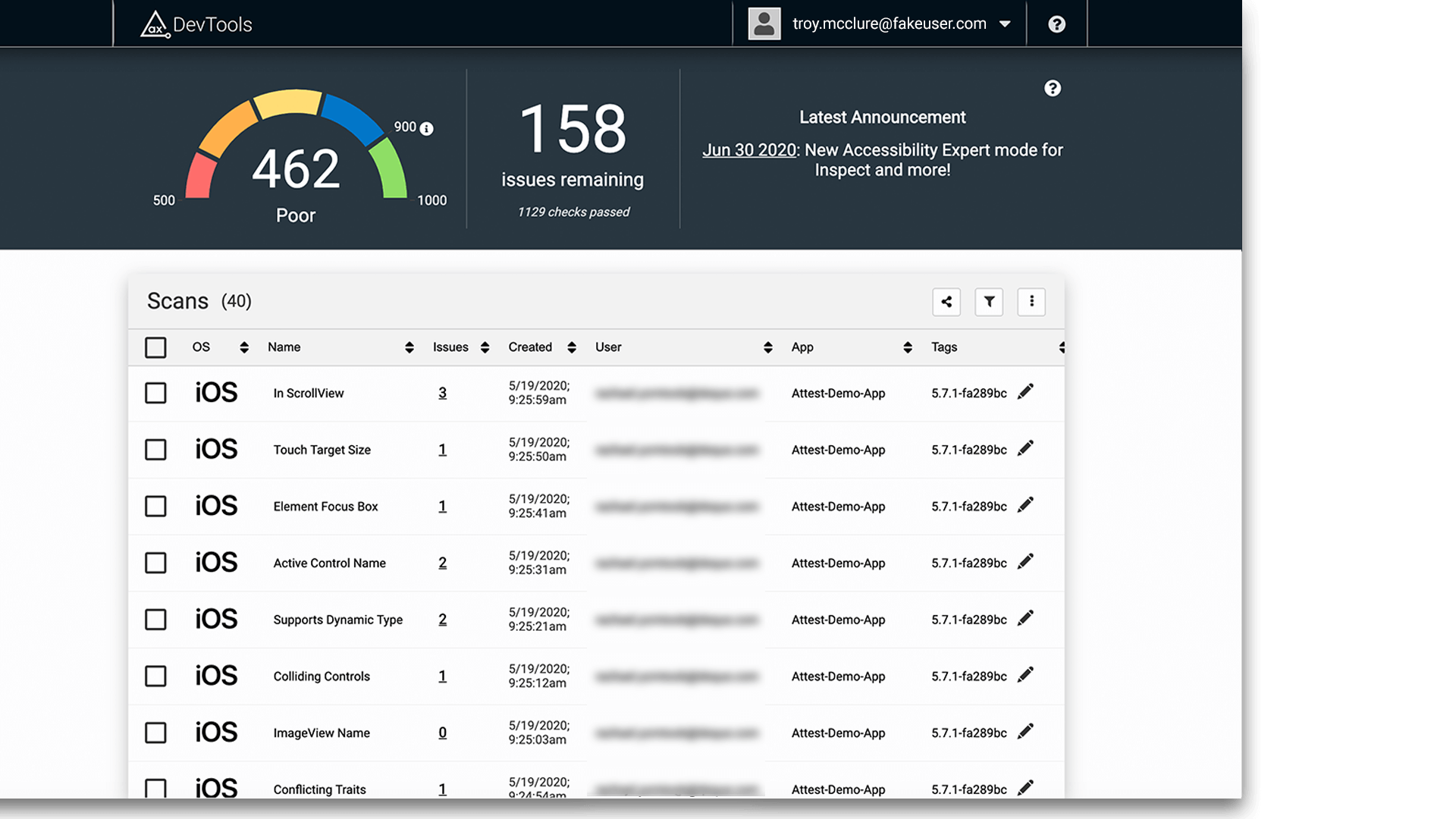 Screenshot of axe DevTools Mobile dashboard and a list of iOS tests